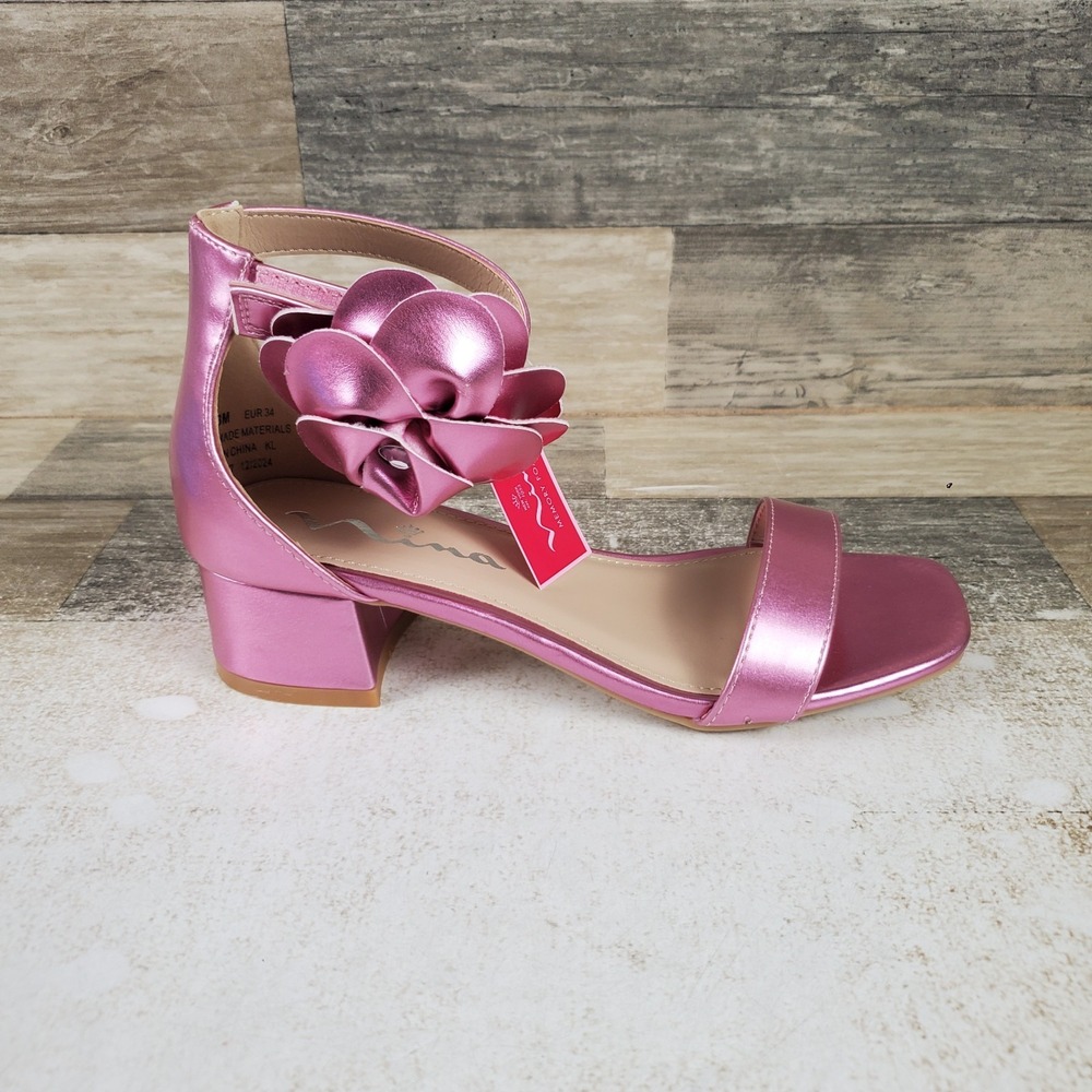 Nina Mona Kids Sandals Sz 3 M Pink Metallic Block Heel Flower Ankle Strap